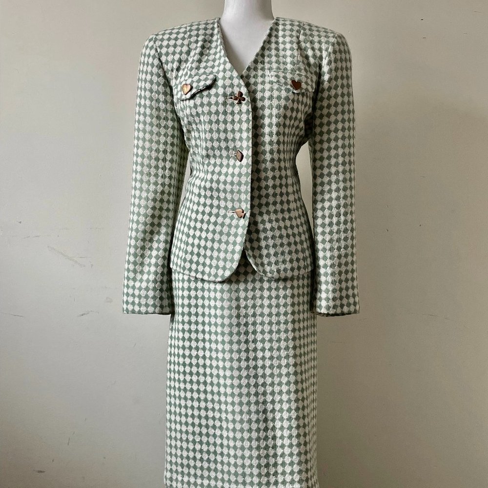 Vtg  LAUREN JEFFRIES Green & White Check SuitPattern Jacket & Skirt Size 14
